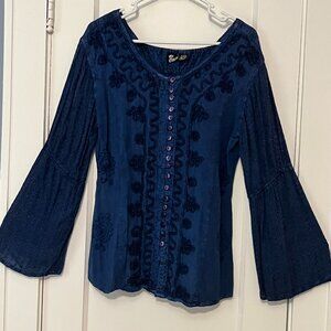 My Choice blouse one size full button front embroidered bell sleeve boho smocked